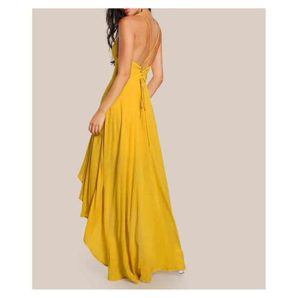 Yellow Sleeveless Lace Up Back High Low Maxi Dress - Picture 3 of 6
